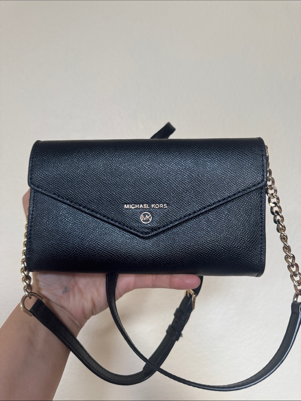Michael Kors Black Saffiano Leather Crossbody Wallet with Gold Chain